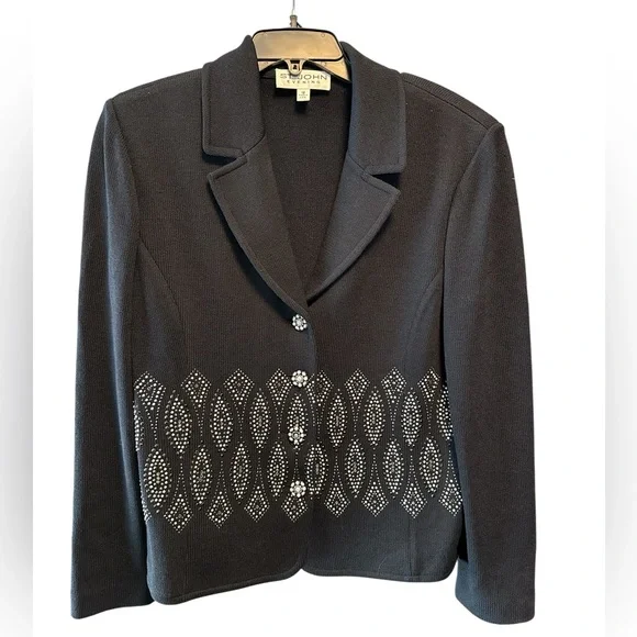 St John Evening Black Beaded Blazer Jacket Size 12 Vintage Santana Knit - Picture 4 of 10
